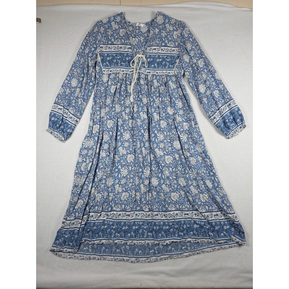Floral Paisley Midi Dress Boho Block Print Tassel Tie Small Blue White Cottage